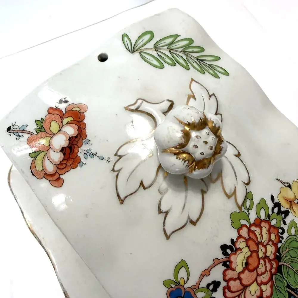 Vintage Floral Covered Cheese Keeper Butter Dish Gold Trim